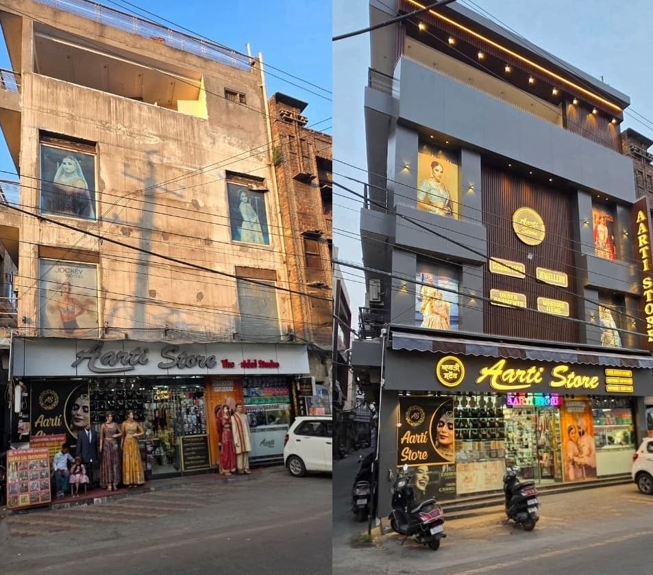 Aarti Store building in Ludhiana before and after the facade redesign by Studio 7 Architects & Interiors